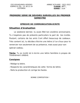 Première page de Français 6e — 1er devoir surveillé, 1er semestre (2021-2022) · CEG Kouhounou-Vêdoko