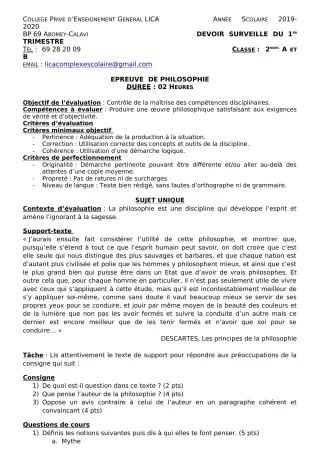 Première page de Philosophie 2nde A2, 2nde B, 1ère A2, 1ère B — Devoir surveillé, 1er trimestre (2019-2020) · CPEG LICA