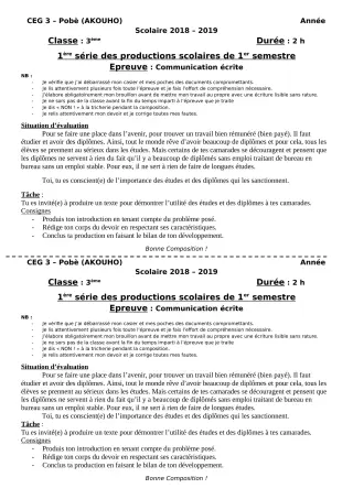 Première page de Français 3e, 3e ML — 1re production scolaire, 1er semestre (2018-2019) · CEG3 Pobè (Akouho)
