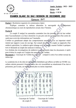 Première page de Bac 2026 – SVT Série A2-B, Bac blanc décembre 2025 (méiose, anomalies génétiques et syndrome du cri du chat)