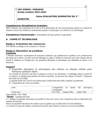 Première page de PCT 4e — 2e évaluation sommative, 1er semestre (2021-2022) · CEG ZONGO