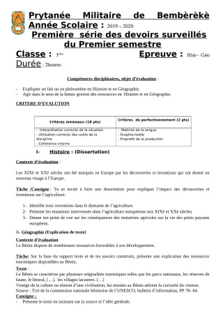 Première page de Histoire-Géographie 3e — 1er devoir surveillé, 1er semestre (2019-2020) · PMB