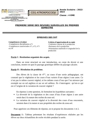 Première page de SVT 4e — 1er devoir surveillé, 1er semestre (2022-2023) · CEG ATROKPOCODJI