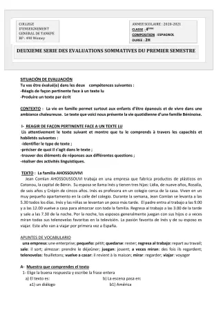 Première page de Espagnol 4e, 3e ML, 2nde A2, 2nde B, 1ère A2, 1ère B, Tle A1, Tle A2, Tle B — 2e évaluation sommative, 1er semestre (2020-2021) · CEG Tankpè