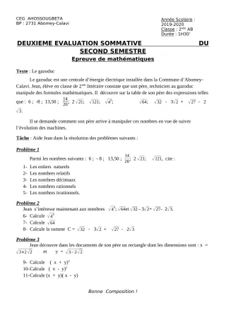 Première page de Mathématiques 2nde A & B — 2e évaluation sommative, 2e semestre (2019-2020) · CEG Ahossougbéta