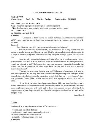 Première page de Devoir surveillé de ANGLAIS — 4e ML, 3e — CEG Sô-Ava (2019)