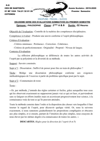 Première page de Philosophie 2nde A1, 2nde B, 2nde C, 2nde D, 1ère A2, 1ère B, 1ère C, 1ère D, Tle A1, Tle A2, Tle B, Tle C, Tle D — 2e évaluation sommative, 1er semestre (2019-2020) · CEG Dantokpa