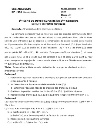 Première page de Mathématiques 3e, 3e ML — 1er devoir surveillé, 2e semestre (2019-2020) · CEG Akassato