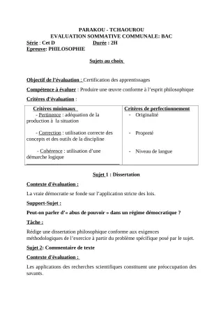 Première page de Philosophie Tle C, Tle D — Évaluation sommative (2018-2019) · CEG Hubert C. MAGA