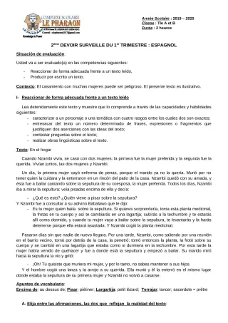 Première page de Espagnol Tle A, Tle B — 2e devoir surveillé, 1er trimestre (2019-2020) · CPEG LE PHARAON
