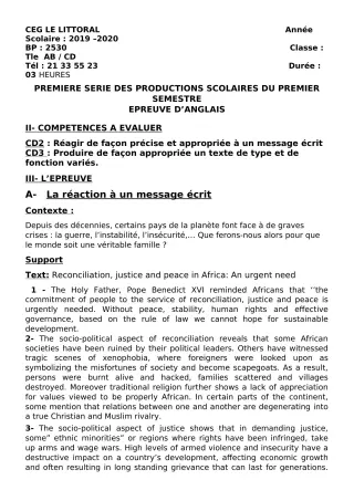Première page de Anglais Tle A2, Tle D — 1re production scolaire, 1er semestre (2019-2020) · CEG Le Littoral