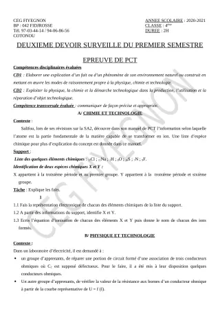 Première page de PCT 4e — 2e devoir surveillé, 1er semestre (2020-2021) · CEG FIYEGNON