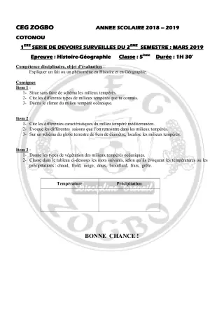 Première page de Histoire-Géographie 5e — 1er devoir surveillé, 2e semestre (2018-2019) · CEG ZOGBO