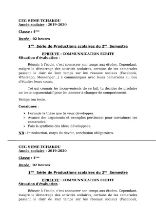Première page de Français 6e, 5e, 4e, 3e — 1re production scolaire, 2e semestre (2019-2020) · CEG Sème tchakou