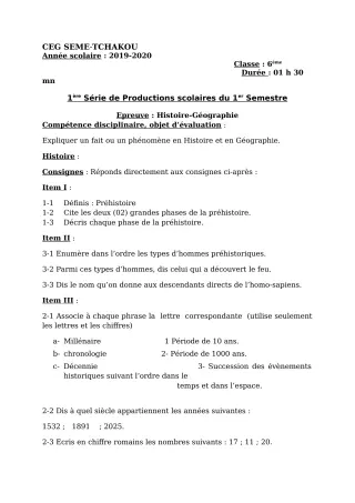Première page de Histoire-Géographie 6e, 5e, 4e, 3e — 1re production scolaire, 1er semestre (2019-2020) · CEG Sème tchakou