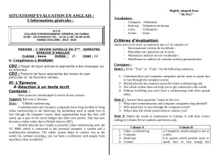 Première page de Anglais 4e, 4e ML — 1er devoir surveillé, 2e semestre (2018-2019) · ceg guema