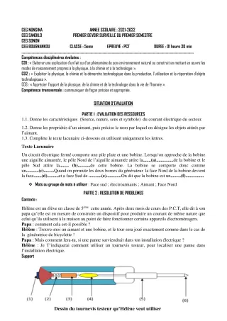 Première page de PCT 5e — 1er devoir surveillé, 1er semestre (2022-2023) · CPEG MARIA-CAROLE