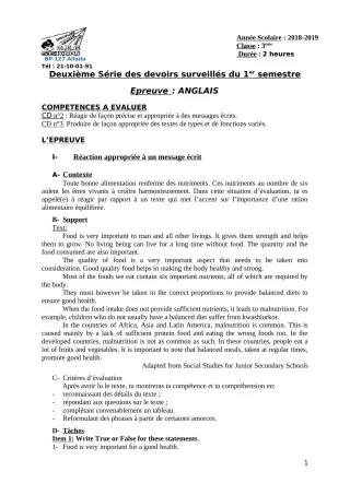 Première page de Anglais 3e — 2e devoir surveillé, 1er semestre (2018-2019) · CEG Sékou