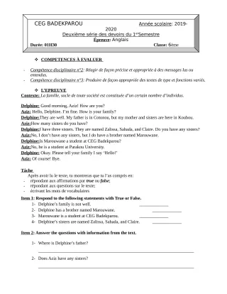 Première page de Anglais 6e, 5e, 4e, 4e ML — 2e devoir surveillé (2019-2020) · CEG BADEKPAROU