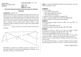 Première page de Mathématiques 5e — Production scolaire (2019-2020) · CEG SEGBEYA