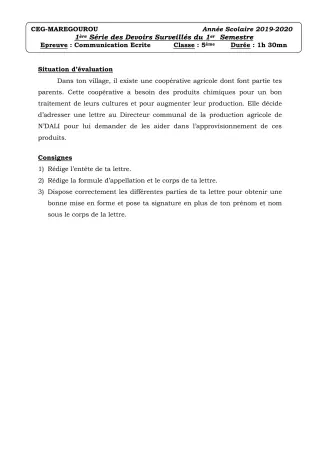 Première page de Français 5e — 1er devoir surveillé (2019-2020) · CEG MAREGOUROU