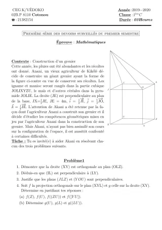 Première page de Mathématiques 1ère C — 1er devoir surveillé, 1er semestre (2019-2020) · CEG Kouhounou-Vêdoko