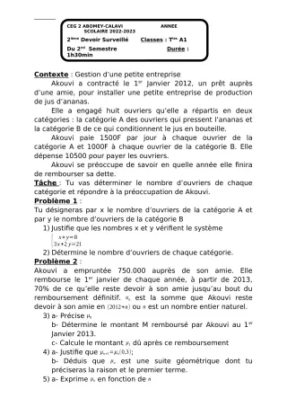 Première page de Mathématiques Tle A1 — Devoir surveillé, 2e semestre (2022-2023) · CEG2 ABOMEY - CALAVI (CEG ZOCA)