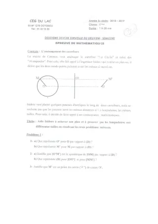Première page de Mathématiques 5e — 2e devoir surveillé (2018-2019) · CEG du Lac