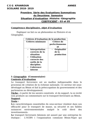 Première page de Histoire-Géographie 1ère A — 1re évaluation sommative, 2e semestre (2018-2019) · CEG Kpanroun