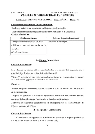 Première page de Histoire-Géographie 2nde A, 2nde A1, 2nde A2, 2nde B — 2e devoir surveillé, 2e semestre (2019-2020) · CEG ZOGBO