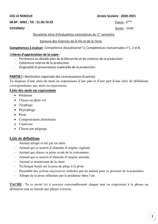 Première page de SVT 6e — Évaluation sommative, 1er semestre (2020-2021) · CEG LE NOKOUE