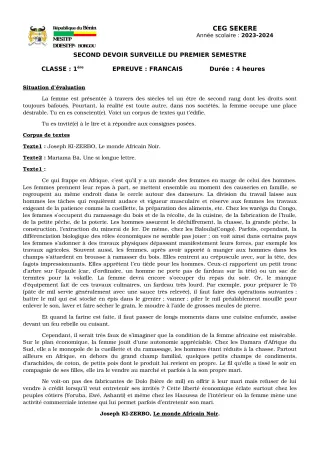 Première page de Français 1ère A2, 1ère D — 2e devoir surveillé, 1er semestre (2023-2024) · CEG SEKERE