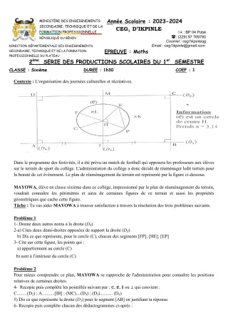 Première page de Mathématiques 6e — Production scolaire, 1er semestre (2023-2024) · CEG1 Ikpinlè