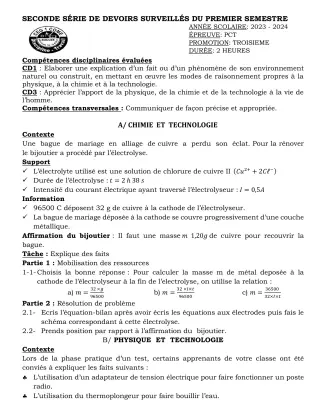 Première page de PCT 3e — 2e devoir surveillé, 1er semestre (2023-2024) · CEG 1 Comè