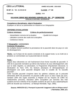 Première page de Histoire-Géographie 1ère A2, 1ère B — 2e devoir surveillé, 2e semestre (2019-2020) · CEG Le Littoral