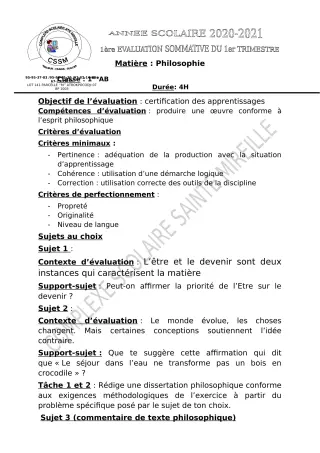 Première page de Philosophie 2nde A2, 2nde B, 2nde D, 1ère A2, 1ère B, 1ère D, Tle A2, Tle B, Tle D — 1re évaluation sommative, 1er trimestre (2021-2022) · CPEG SAINTE MIREILLE