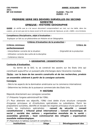 Première page de Histoire-Géographie Tle C, Tle D — 1er devoir surveillé, 2e semestre (2020-2021) · CEG PAHOU