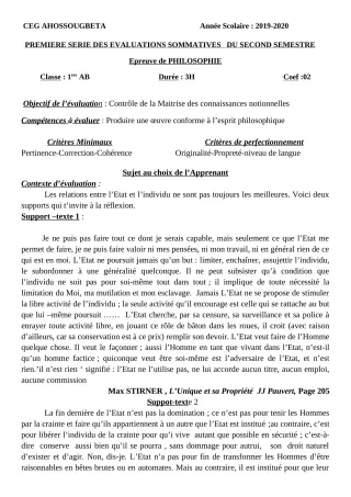 Première page de Philosophie 1ère A2, 1ère B — 1re évaluation sommative, 2e semestre (2019-2020) · CEG Ahossougbéta