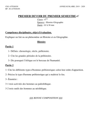 Première page de Histoire-Géographie 6e — Composition, 1er semestre (2019-2020) · CEG Attogon
