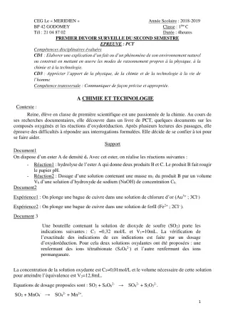 Première page de PCT 1ère C — 1er devoir surveillé, 2e semestre (2018-2019) · CEG Le Méridien