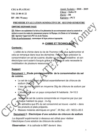 Première page de PCT 2nde C — 1re évaluation sommative, 2e semestre (2018-2019) · CEG Le Plateau