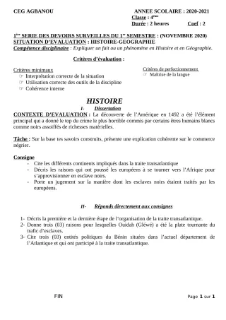 Première page de Histoire-Géographie 4e — 1er devoir surveillé, 1er semestre (2020-2021) · CEG AGBANOU