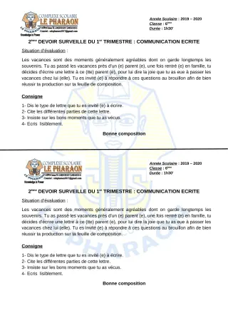 Première page de Français 6e — 2e devoir surveillé, 1er trimestre (2019-2020) · CPEG LE PHARAON