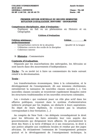 Première page de Histoire-Géographie Tle A2, Tle B — 1er devoir surveillé, 2e semestre (2018-2019) · CEG L'Entente