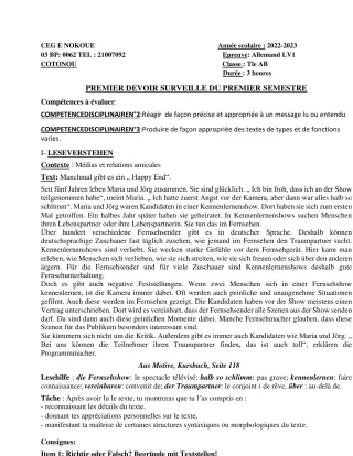 Première page de Allemand Tle A2, Tle B — 1er devoir surveillé, 1er semestre (2022-2023) · CEG LE NOKOUE