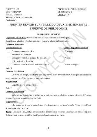 Première page de Philosophie Tle B — 1er devoir surveillé, 2e semestre (2020-2021) · CEG FIYEGNON