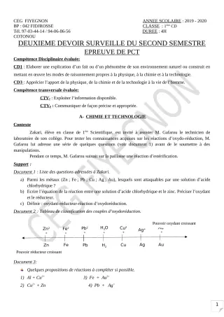 Première page de Philosophie 1ère C, 1ère D — 2e devoir surveillé, 2e semestre (2019-2020) · CEG FIYEGNON