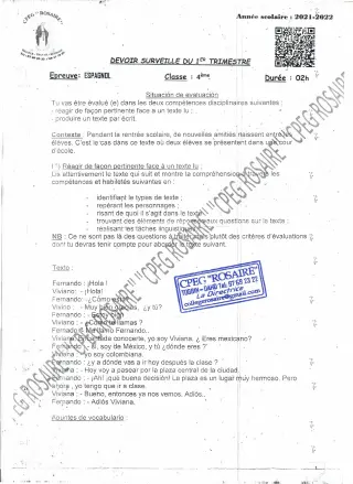 Première page de Espagnol 4e, 4e ML — Devoir surveillé, 1er trimestre (2021-2022) · CPEG ROSAIRE