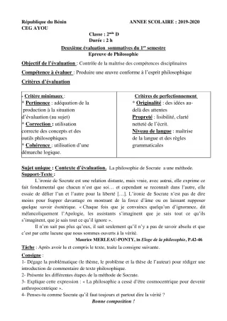 Première page de Philosophie 2nde D — 2e évaluation sommative, 1er semestre (2019-2020) · CEG AYOU