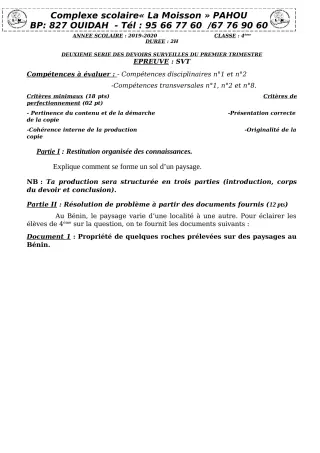 Première page de SVT 4e, 4e ML — 2e devoir surveillé, 1er trimestre (2019-2020) · CPEG La Moisson